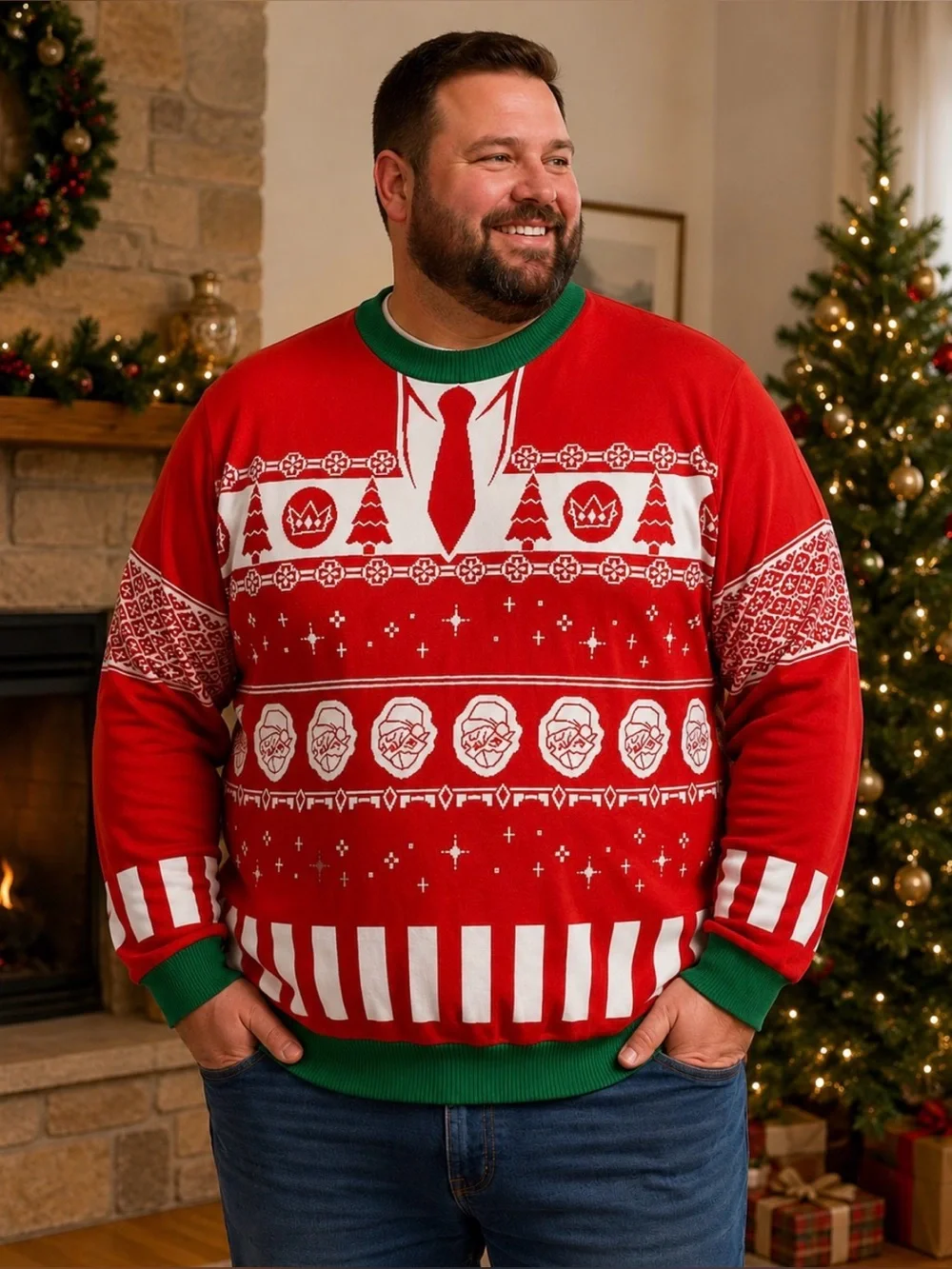 Ranboo Men's Necktie Holiday Christmas Long Sleeve Crewneck Sweater Size 4XL